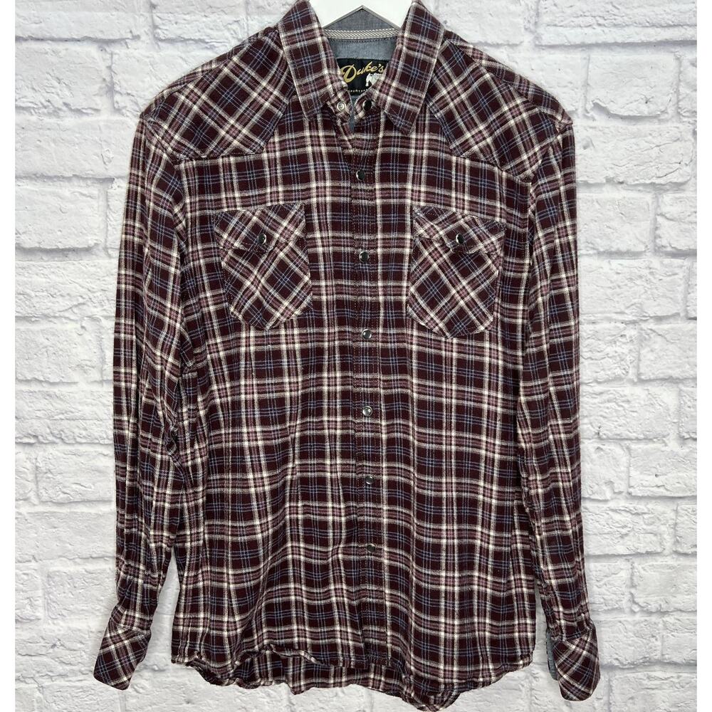Duke's Mens Pearl Snap Button Plaid Flannel Shirt Size L Maroon Pockets Western